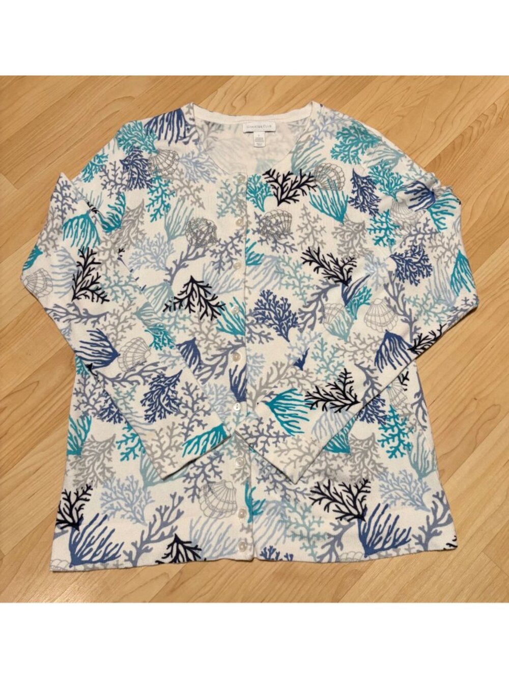 Charter Club Womens Coral Reef Print Cardigan Sweater Large Blue White Rayon Ble